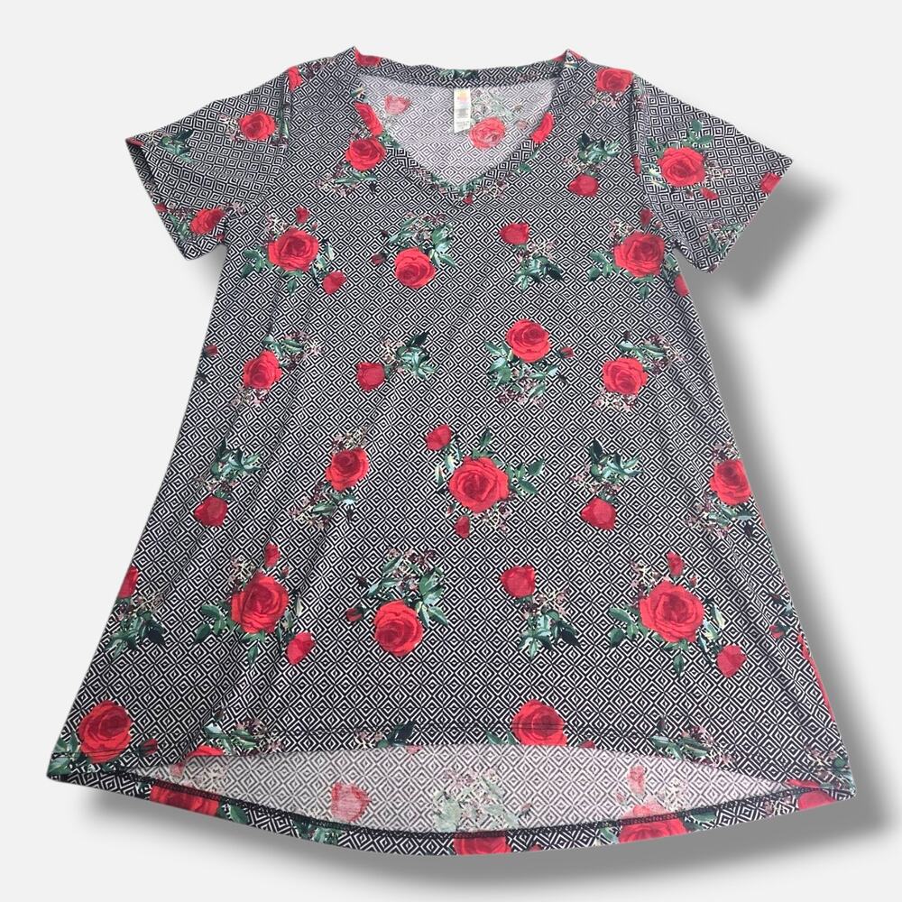 LuLaRoe Womens SMALL Black & White Diamonds with Red Roses Soft Knit Christy Tee